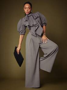 Vixey High Waist Pleated Extreme Wide Leg Pants - Dark Grey - View 1