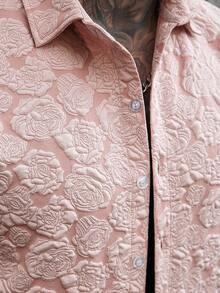 SLATEMANN 男士提花领单排扣休闲百搭旅行短袖衬衫 - 淺粉色 - 查看 3