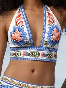 CAJUNI Women's Floral Print Deep V-Neck Crop Top And Wide Leg Pants Sexy Vacation Outfit - Multicolor - View 5