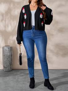EMERY ROSE Autumn/Winter New V-Neck Long Sleeve Christmas Atmosphere Loose Knit Cardigan With 3D Faux Fur Santa Claus Pattern For Women - Multicolor - View 4
