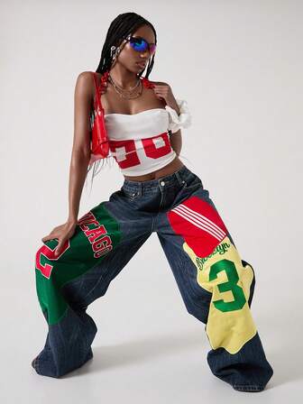 ROMWE Avant Damen Retro College Stil Patchwork Fußball Kontrastfarbe bestickte Ziffer & Buchstaben Taillenbund Weites Bein Jeans