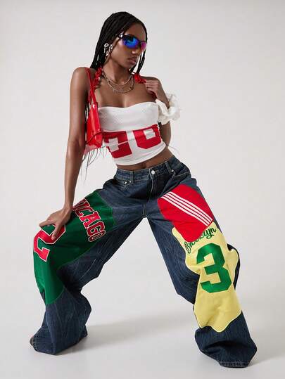 ROMWE Avant Damen Retro College Stil Patchwork Fußball Kontrastfarbe bestickte Ziffer & Buchstaben Taillenbund Weites Bein Jeans