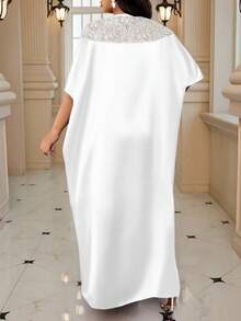 SHEIN Lady 大码女式花卉蕾丝拼接蝙蝠袖宽松优雅连衣裙 - 白色 - 查看 2