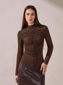 BizChic Women's Brown Straight Collar Ruched Front Mesh Fabric Blouse, Suitable For Urban Commute, Office, Business Casual, Party, Formal Occasions, Summer Dark Brown Top