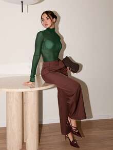 Bris Aura 斯德哥尔摩风格，女士教师装，秋季服装，高领高领针织上衣，优雅秋冬衬衫，网眼长袖衬衫，商务休闲女士基本款上衣 - 墨綠色 - 查看 6