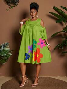 Maweii Summer Off-Shoulder Round Neck Cartoon Floral Casual Vacation Dress - Green - View 3