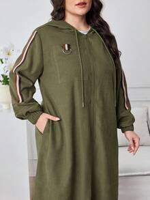 Modelyn 大码拼色条纹印花连帽休闲长袖夹克 - 軍綠色 - 查看 3