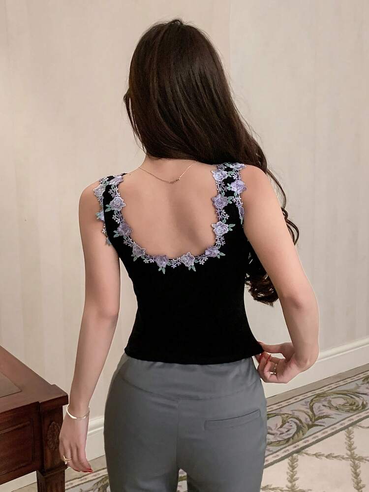 Floral Lace Patchwork Slim Fit Sleeveless Tank Top For Women