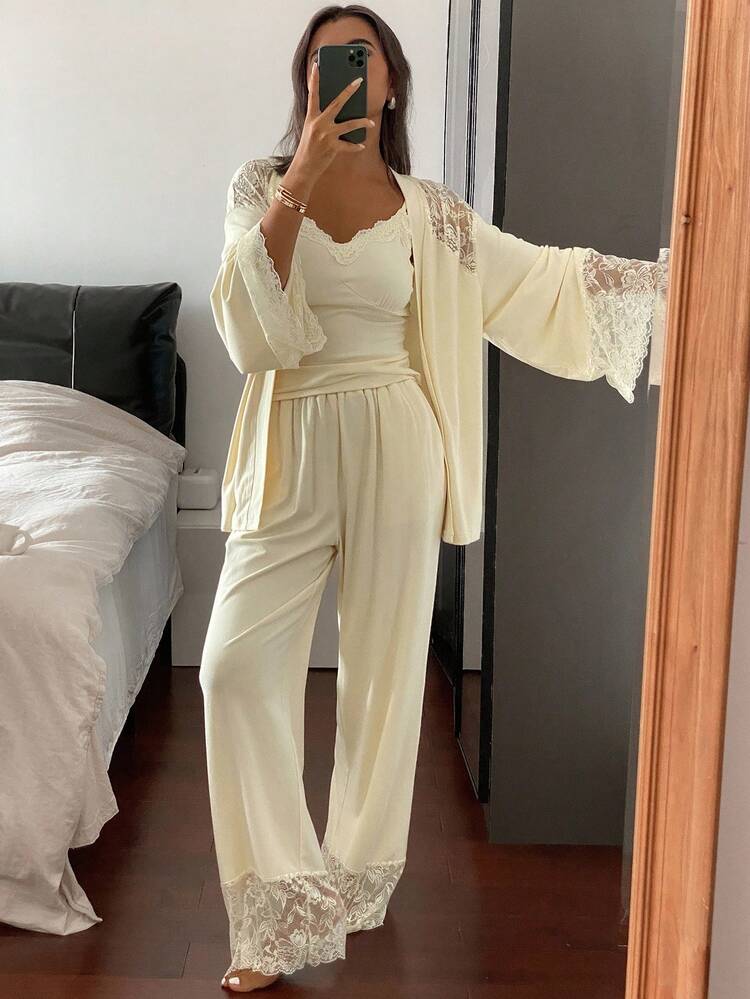 3pcs Lace Patchwork Robe, Cami Top & Pants Women Sleepwear Pajama Set, Fall Winter Clothes Pajama