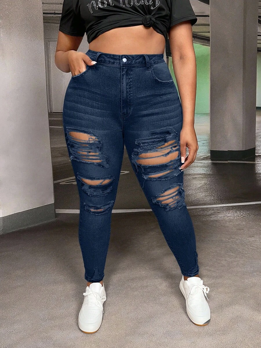 Plus High Waist Ripped Skinny Jeans - Dark Wash - View 1