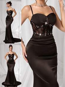 Coutiva Vestido de Festa Elegante Feminino com Renda e Aplicação de Strass, Vestido de Festa Formal Preto, Vestido de Gala Elegante Preto Elegante e Sexy, Dia dos Namorados - Castanho - Visão 6
