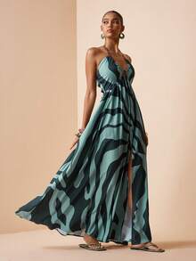 Zivah 2026春夏新款，适合情人节、婚礼季、音乐节、复活节、西式风格、游牧风格、波西米亚海滩度假，露背、高开衩、斑马纹连衣裙 - 彩色 - 查看 3