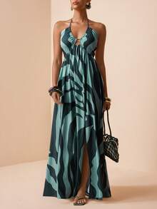 Zivah 2026春夏新款，适合情人节、婚礼季、音乐节、复活节、西式风格、游牧风格、波西米亚海滩度假，露背、高开衩、斑马纹连衣裙 - 彩色 - 查看 4