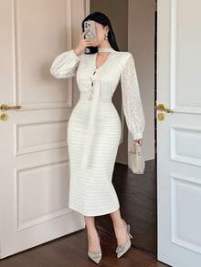DAZY بلوزة نسائية بأكمام طويلة من الدانتيل وتنورة قلم أنيقة متوسطة الطول مجموعة قطعتين أنيقة - أبيض - مشاهدة 5