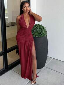 Alexandranx Elegant Romantic Sexy Party Deep V-Neck Halter Split A-Line Dress - W