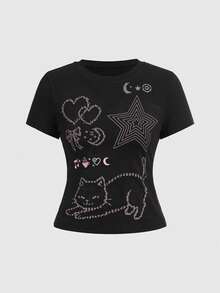 ROMWE Kawaii Y2K Sexy Chic Cat, Pentagram, Heart, Bow Emoticon Print Fitted Women T-Shirt - Black - View 1