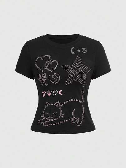 Kawaii Y2K Sexy Chic Katze, Pentagramm, Herz, Schleife Emoticon Muster Figurbetontes Damen T-Shirt