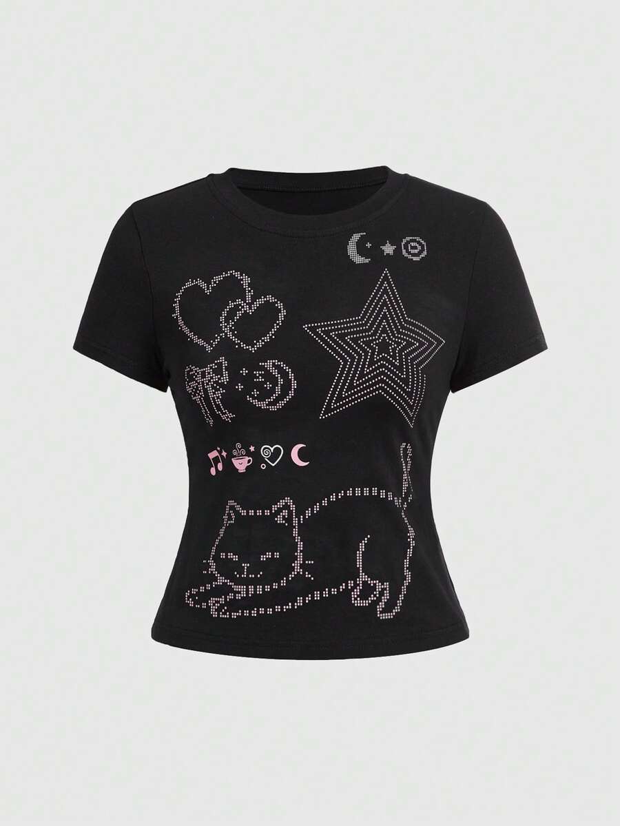 ROMWE Kawaii Y2K Sexy Chic Cat, Pentagram, Heart, Bow Emoticon Print Fitted Women T-Shirt - Black - View 1