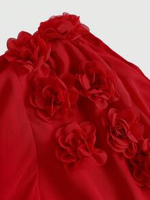 Rafferiza 女士时尚单肩长袖花卉装饰垂褶腰身连衣裙，适合正式场合 - 紅色 - 查看 4