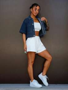 SAYEHFBABY 女式休閒雙口袋牛仔短袖外套，夏季 - 深色水洗藍 - 查看 4