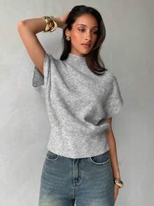 Aloruh Basic Gray Batwing Sleeve Casual Knit Top - Grey - View 4