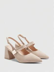 CUCCOO BIZCHIC Giày cao gót đế dày màu mơ dành cho nữ, thiết kế tối giản cổ điển, trang trí khóa kim loại, thích hợp cho đi làm, hẹn hò, dự tiệc, kỳ nghỉ hoặc đám cưới. - Hạnh nhân - Xem 6