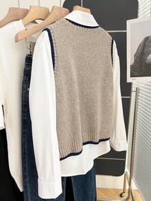 Franclia Plus Size Contrast Color Trim Casual Knit Sleeveless Sweater Vest - Grey - View 2