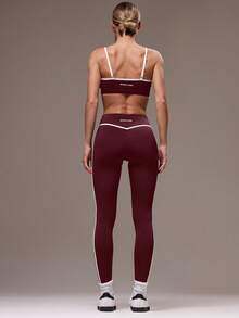 Musera Sport 女士撞色滚边上衣和紧身裤运动套装 健身房健身 冬季 - 酒紅色 - 查看 2