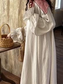 FRIFUL Đầm dài tay cổ chữ V màu trơn bằng vải lanh, tay bồng, dáng suông, thoải mái, thích hợp mặc mùa hè. - trắng - Xem 5