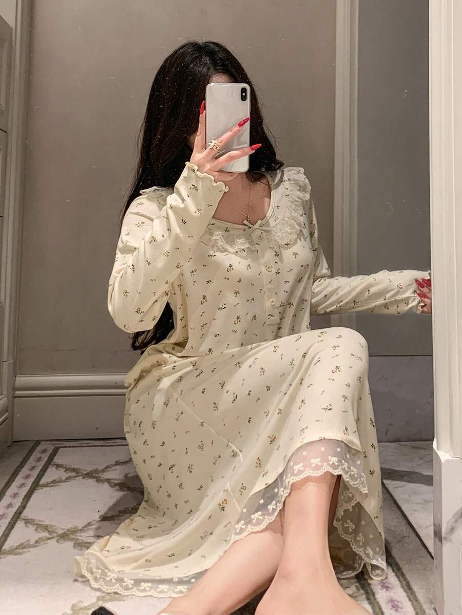 DAZY 甜美花卉蕾絲飾邊女款睡袍睡衣 - 米色 - 查看 1