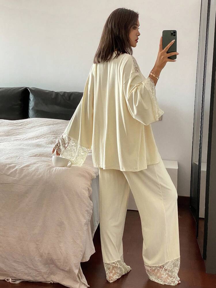 3pcs Lace Patchwork Robe, Cami Top & Pants Women Sleepwear Pajama Set, Fall Winter Clothes Pajama
