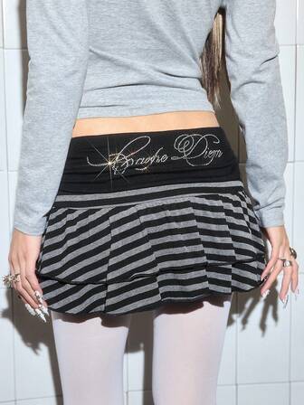 Grunge Punk Y2K gestreifter A-Linien Minirock mit Strass-Verzierung und niedriger Taille