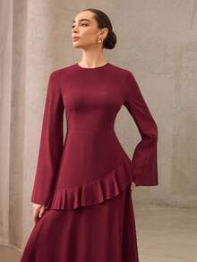 Graceveil Style Elegant & Romantic Brown Dress For Women, Suitable For Parties Red Dress  Elegant Modest Dress Maroon Dress Long Sleeve Elegant Dress Wine Dress Ruffle Trim Dress - Burgundy - View 2