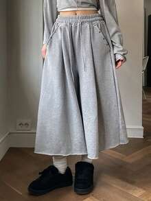 DAZY 复古美式极简高腰百搭休闲阔腿七分裤 - 灰色 - 查看 3