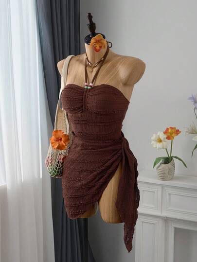 Bellisia 26SS Spring/Summer Resort Beach Mature Brown Beaded Halter One-Piece Matching Skirt Set,New Women's Swimwear ArrivalFor School,Suitable For Holiday, Date, Afternoon Tea, Western, Cruise, Beach, Island, Road Trip, All Seasons, Music Festival, Boho Vacation,Bohemian Vacation, Chill Autumn ,Western Boho ,Elegant Tops For Women Brown Bathing Suit Women Knitted Bathing Suit Brown Bikini Set Western Swimsuits