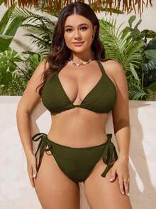 Swim SXY Plus Size Women Ribbed Fabric Triangle Cup Tie Strap Casual Vacation Swimwear Set - Army Green - View 4