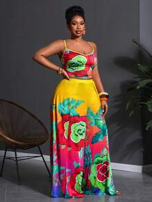 Slaydiva Bộ đồ hai mảnh dành cho nữ cỡ lớn: Áo hai dây ôm sát và quần dài xẻ tà, màu vàng trơn, thích hợp cho trang phục Giáng sinh/Năm mới, Lễ Tạ ơn, đi biển, gợi cảm, kỳ nghỉ, dạo phố thường ngày. - Nhiều màu - Xem 3