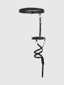 ROMWE Goth 1件黑色Y2K朋克风金属铆钉装饰性感系带蝴蝶结腿部吊袜带套装，适合街头、约会、音乐节、夜总会等场合。 - 黑色 - 查看 2