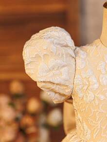 Glamorique Kids 女婴卡其色提花面料连衣裙，泡泡袖，短袖，后背蝴蝶结装饰，A字裙摆，优雅碎花公主裙，适合生日派对、宴会、日常穿着、节日等场合，高端品质 - 卡其色 - 查看 6