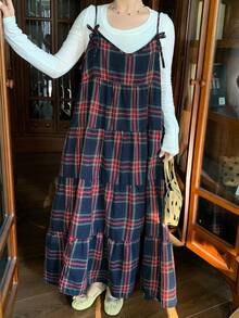 Dazy Plus 格子图案休闲圣诞新年宽松A字吊带背心，百搭 - 藏蓝色 - 查看 2