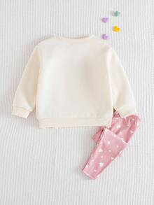 2pcs Young Girl Letter Heart Graphic Bow Knit Soft Crew Neck Long Sleeve Sweatshirt And Elastic Waist Pants Set - Apricot - View 2