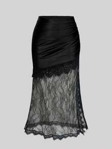 Elenzga 大码女式高腰褶皱优雅缎面撞色蕾丝半身裙 - 黑色 - 查看 3