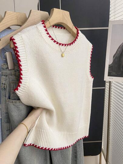 Franclia Blusa de punto holgada de cuello redondo sin mangas de estilo casual con borde contrastante en beige para mujer, primavera y verano. Chaleco de punto informal para mujer, suéter de verano para mujer.