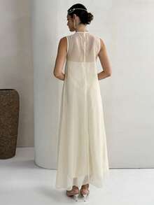 Yasmyna 女士休闲宽松亮片拼接无袖阿拉伯风格连衣裙，适合外出和聚会 - 杏色 - 查看 7