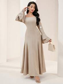 Veilorie Đầm nữ tay bồng họa tiết hoa 3D kiểu dáng kín đáo, thường ngày. - Màu Khaki - Xem 2