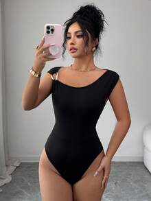 Elenzga Women's Elegant Commuter Black Sleeveless Bodysuit With Metal Hook Decor And Ruched Fitted Design, Spring/Summer - Black - View 4