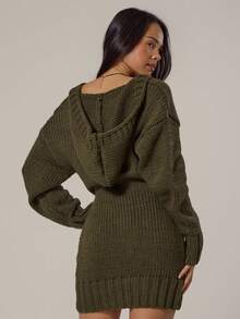MUSERA Knitted Hooded Vneck Fitted Balloon Sleeve Mini Dress Spring, Girly, Day Outfits, Cute , Casual - Dark Green - View 4