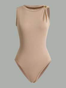 INAWLY Áo liền thân nữ màu trơn cổ tròn trang trí kim loại, kiểu dáng thường ngày. - Nhiều màu - Xem 3