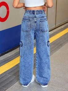 SHEIN Tween Girl Casual Baggy Denim Pants With Flap Pockets And Contrast Stitching Details Straight Leg Cargo Jeans,For Spring And Summer Fall Winter - Medium Wash - View 2