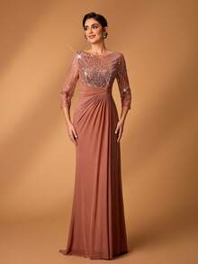 Serin Elegant Luxurious Beaded Sequin Embroidered Mesh Ruched Sheer Sleeve Mermaid Dress, Suitable For Weddings, Parties, Holidays, Formal Events - Coffee Brown - View 7